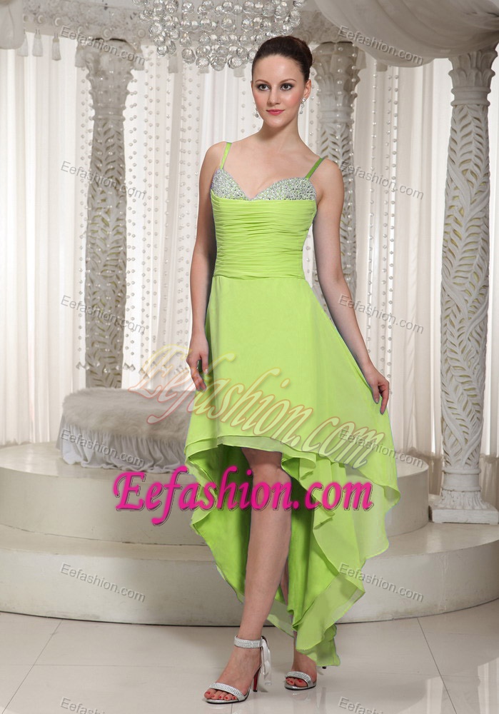 Pretty Spaghetti Straps High-low Yellow Green Prom Dresses with Beading