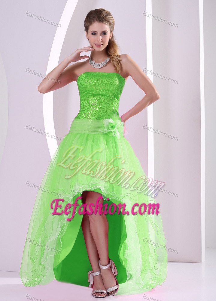 High-low Spring Green Semi-formal Prom Dresses with Sequins in Organza