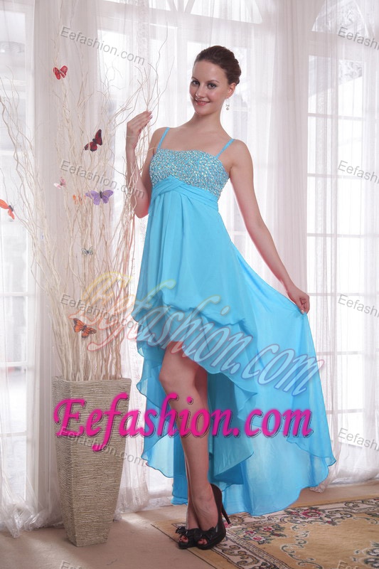 Baby Blue Straps High-low Chiffon Prom Dress for Petite Girl with Beading