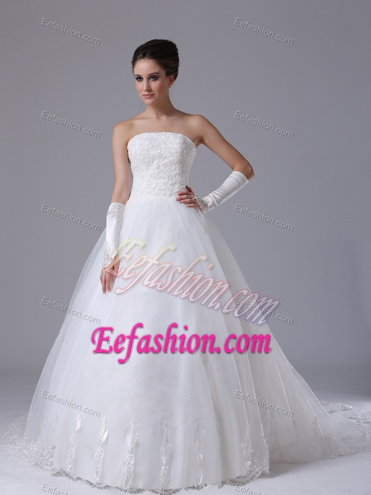 Beautiful Organza Lace-up Fall Wedding Dress with Chapel Train under 250