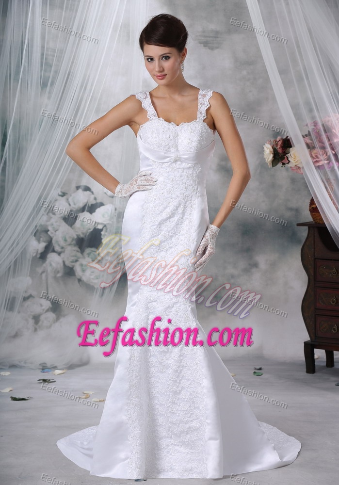 Cute Mermaid Straps Court Train Satin Wedding Gown Dress with Appliques