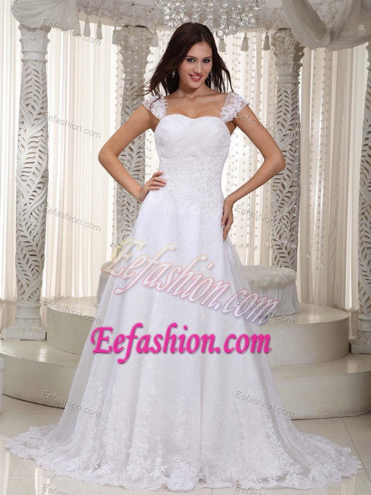 Sweet A-line Straps Court Train Ruched Lace Wedding Dresses for Wholesale