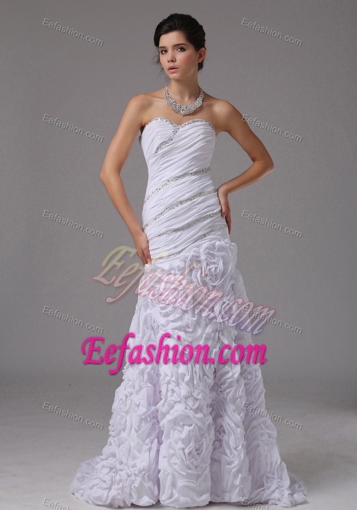 Elegant Mermaid Beaded and Ruched Dress for Wedding with Rolling Flower