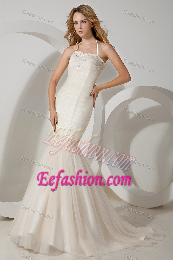 Mermaid Halter Brush Train Tulle Cute Wedding Gown Dress with Appliques