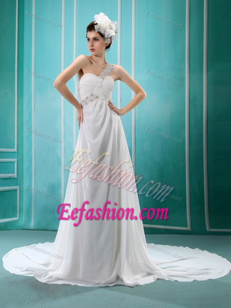 One Shoulder Chapel Train Sweet Wedding Gown Dresses with Appliques