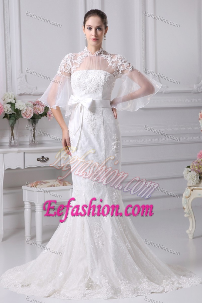 Custom Made Mermaid High-neck Short Sleeves Wedding Dress for Spring