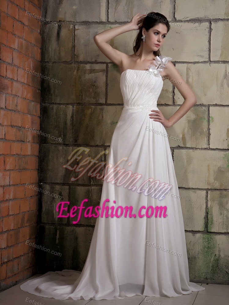 Sweet One Shoulder Court Train Chiffon Wedding Gown Dress with Beading