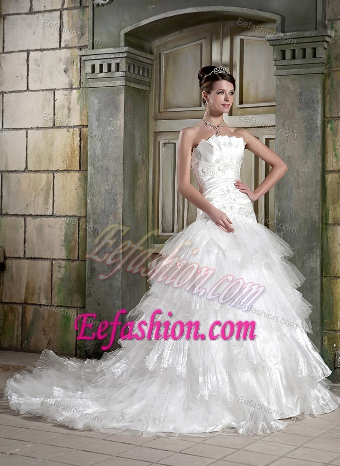 A-line Strapless Chapel Train Wedding Gown Dress with Appliques on Sale