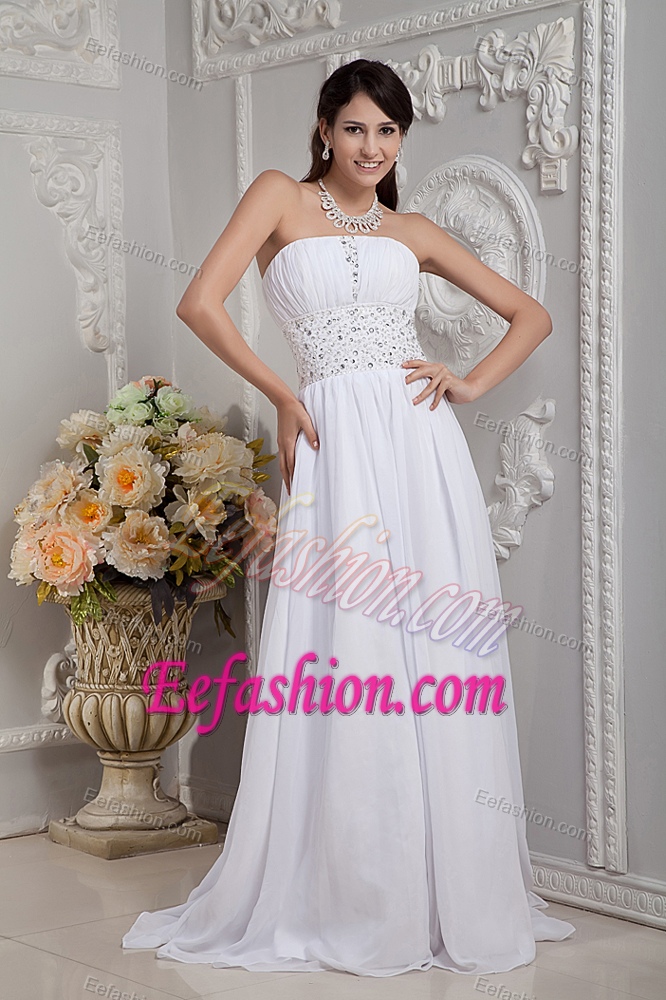 Best Strapless Chiffon Wedding Dress with Beadings and Ruches in Floor-length