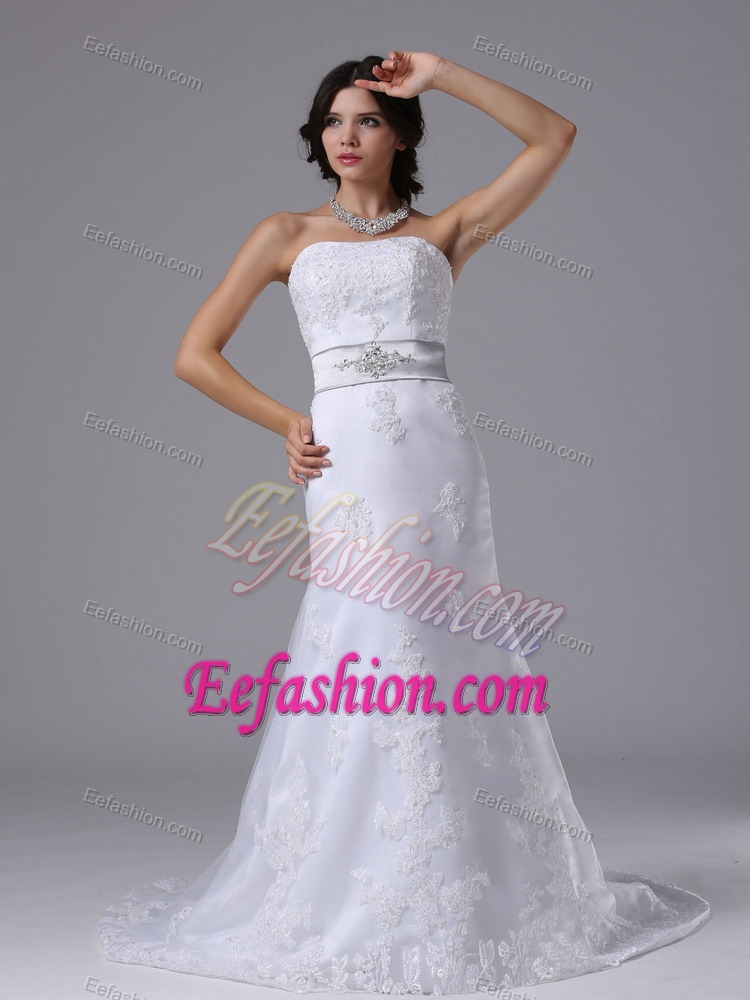Amazing 2013 Wedding Dress with Beaded Silver Sash and Lace Up Back