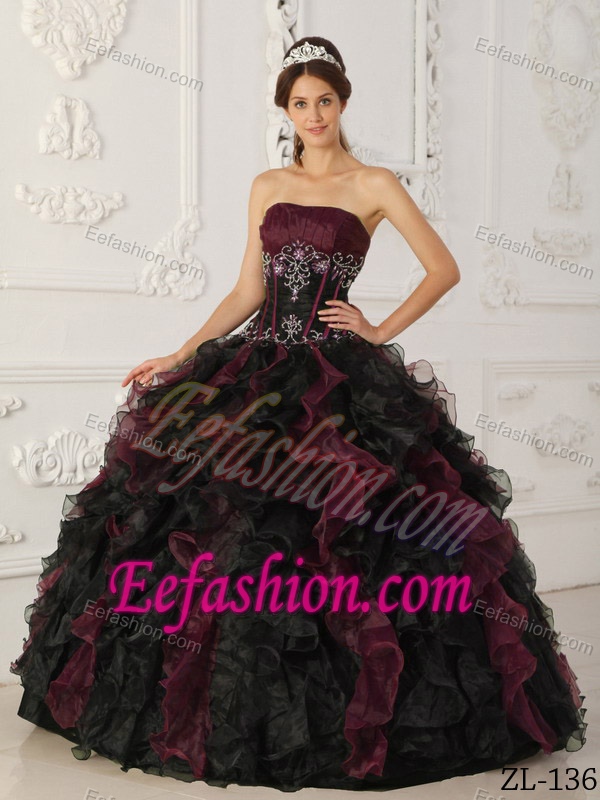 Burgundy and Black Strapless Quinceanera Dress with Appliques and Ruffles