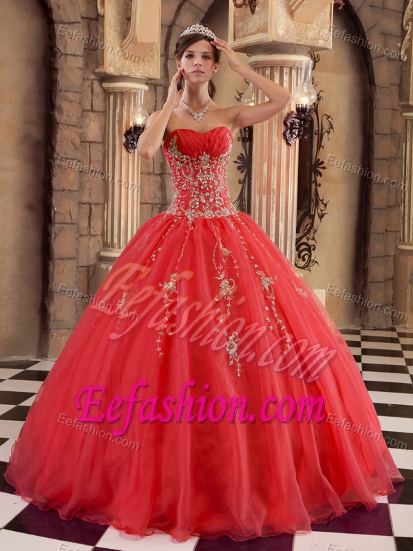 Red Organza Beading Dresses for Quinceaneras with Gold Appliques 2013