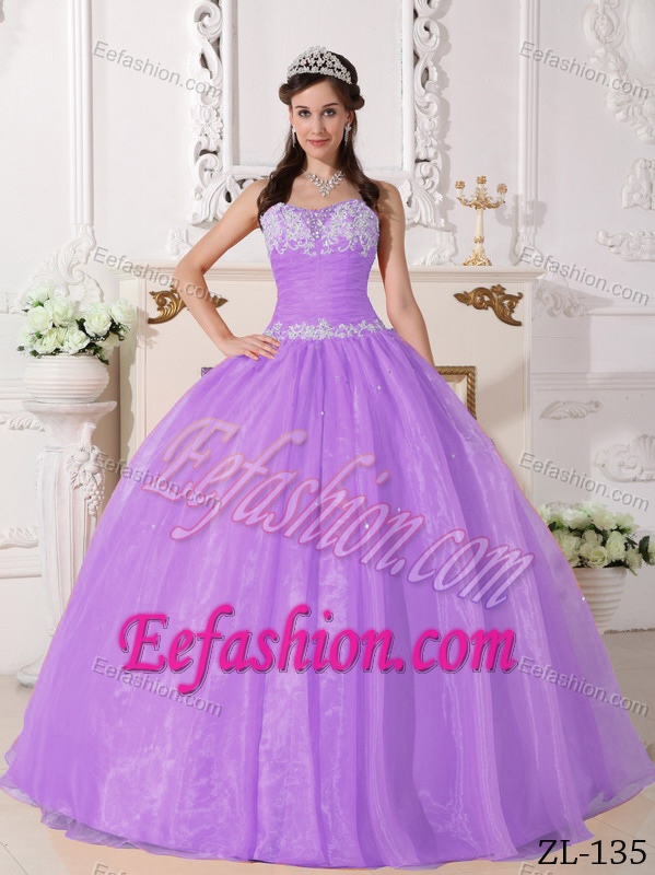 Lilac Strapless Appliques Quinceanera Dress Made in and Organza
