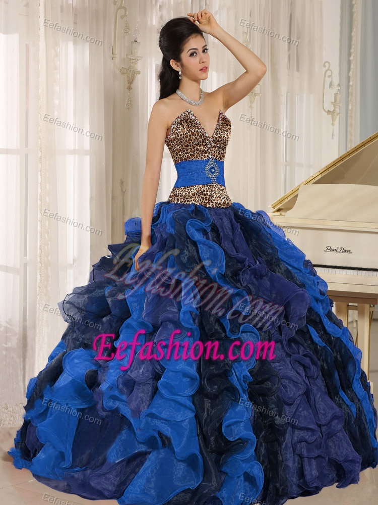 Wholesale V-neck Ruffles Multi-color Quince Dress with Leopard and Beading