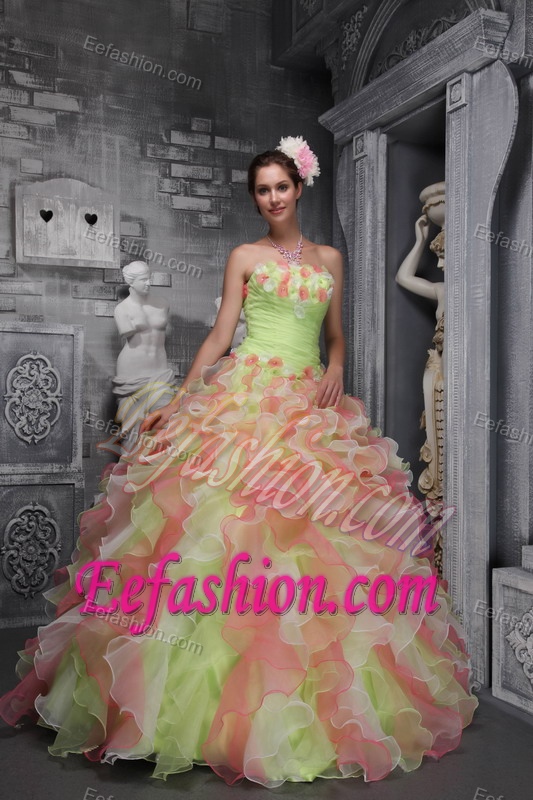 Ball Gown Strapless and Organza Flowers Multi-color Quince Dresses