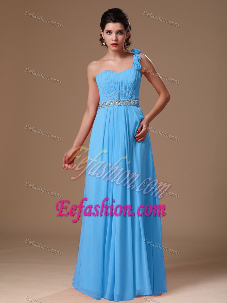 One Shoulder Long Aqua Blue Ruched Beaded Prom Dress with Flowers