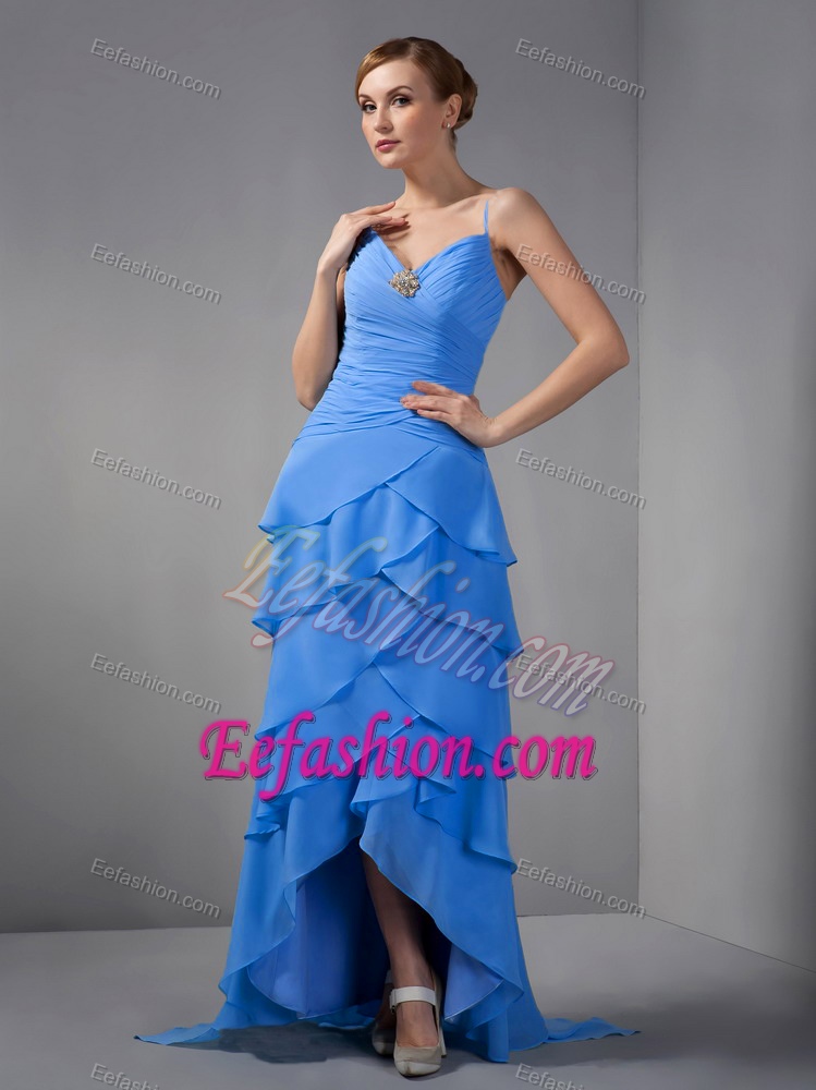 Spaghetti Straps High-low Ruched Blue Chiffon Prom Party Dresses with Layers