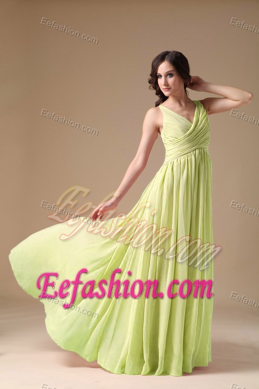 Sweet Yellow Green V-neck Chiffon Semi-formal Prom Dress with Ruching