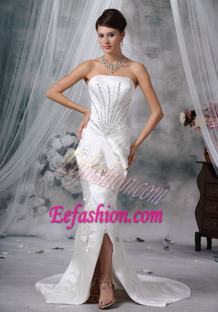 Discount Mermaid Strapless Court Train Satin Wedding Gown with Beading