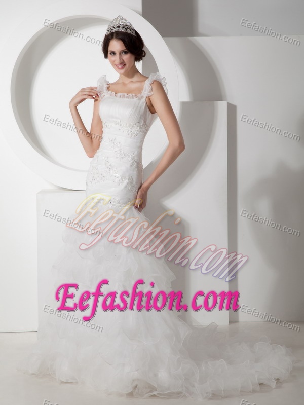 Special Mermaid Ruched and Appliqued Wedding Reception Dress with Straps
