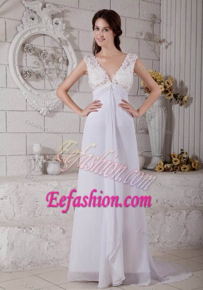 Charming Empire V-neck Brush Train Chiffon and Lace Wedding Bridal Gown