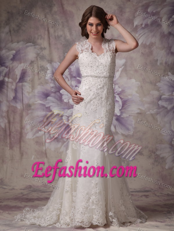Mermaid Court Train Luxurious Lace Dress for Wedding with Straps in Ivory