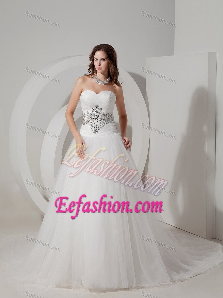 Gorgeous Ruched and Beaded Wedding Reception Dress with Chapel Train