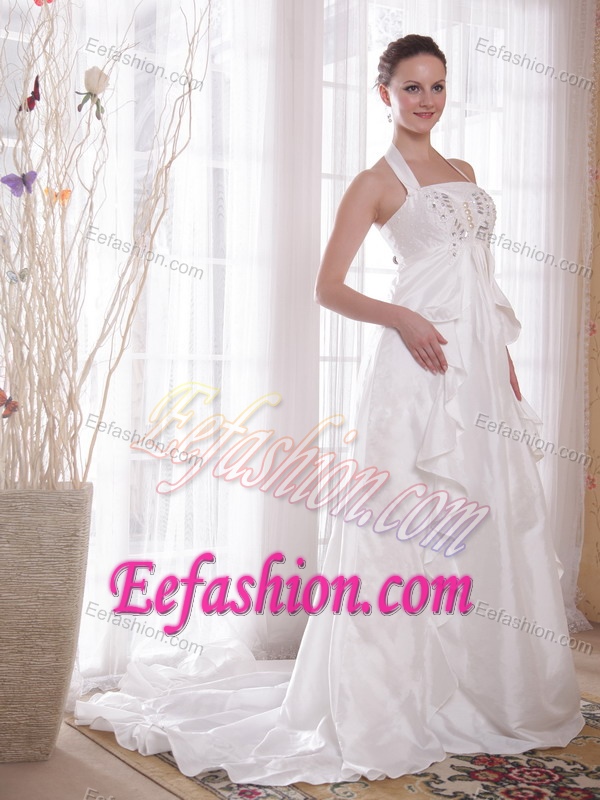 White A-Line Halter Top Wedding Dress with Brush Train and Beading