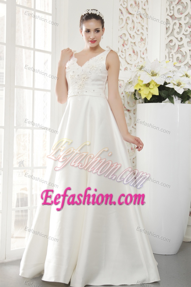 Brand New A-line V-neck Satin Beaded Wedding Dress with Appliques for Cheap