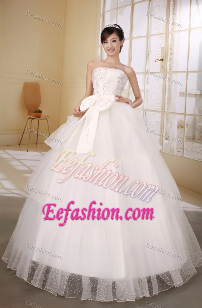 Beautiful Satin and Organza Strapless Beaded Wedding Dress with Bow in 2014