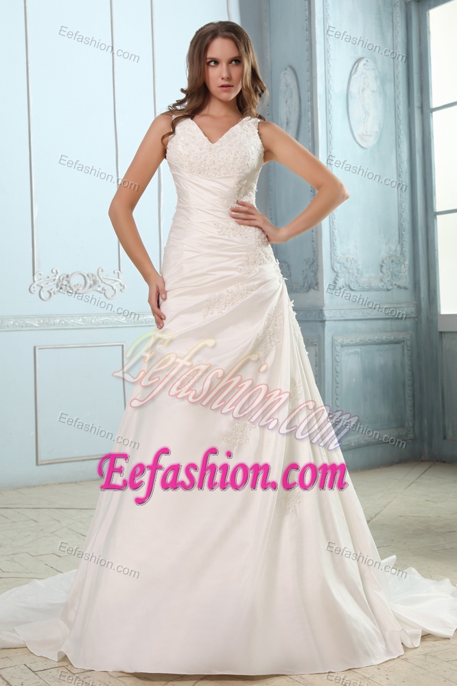 Brand New V-neck Court Train Ruched and Appliques 2013 Wedding Dress