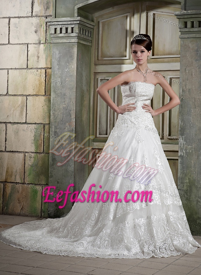 A-line Strapless Lace Wedding Dresses with Chapel Train on Wholesale Price