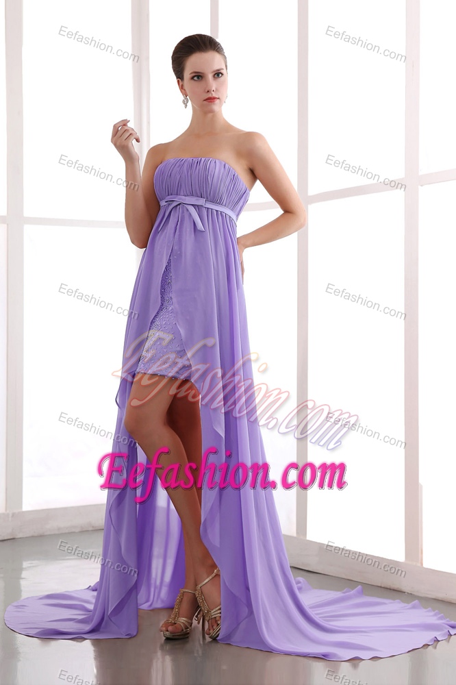 Lilac Strapless Chiffon Beaded Prom Dress for Graduation with Court Train