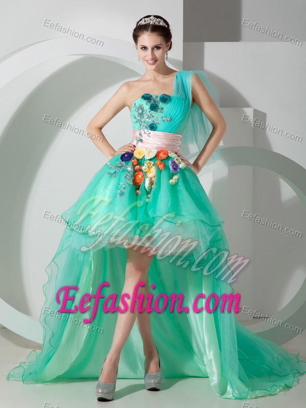 One Shoulder High-low Aqua Blue Organza Prom Dresses with Floral Appliques