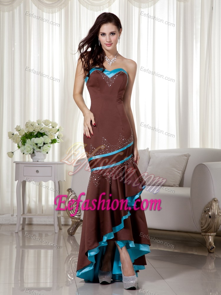 Blue and Brown Sweetheart High-low Mermaid Prom Party Dress with Beading
