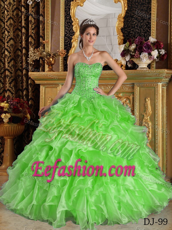 Spring Green Ball Gown Organza Dress for Quince with Ruffles and Beading