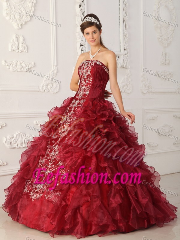 2013 Wine Red Strapless Embroidery Dress for Quince and Organza