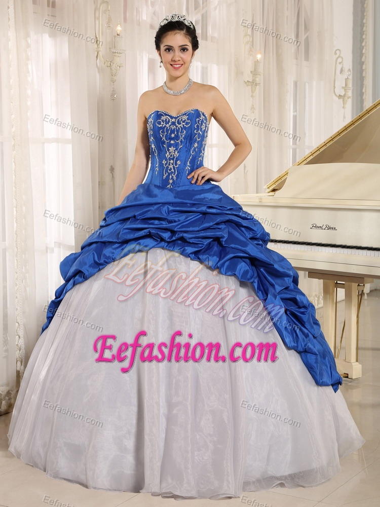 Latest Sweetheart Blue and White Embroidered Sweet 16 Dress with Pick-ups