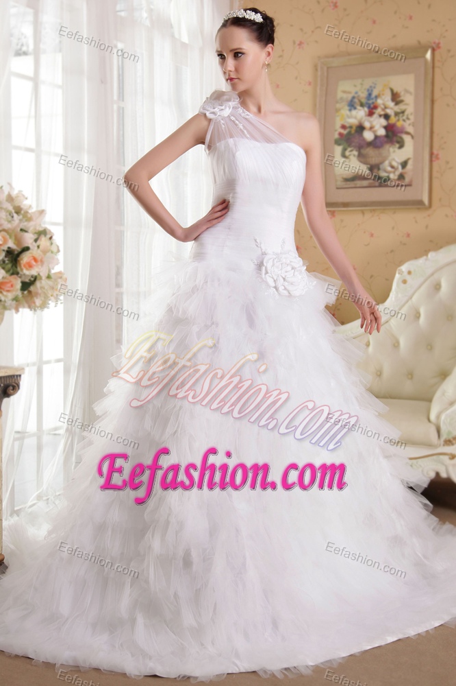 Beautiful White One Shoulder Chapel Train Satin and Organza Wedding Gown