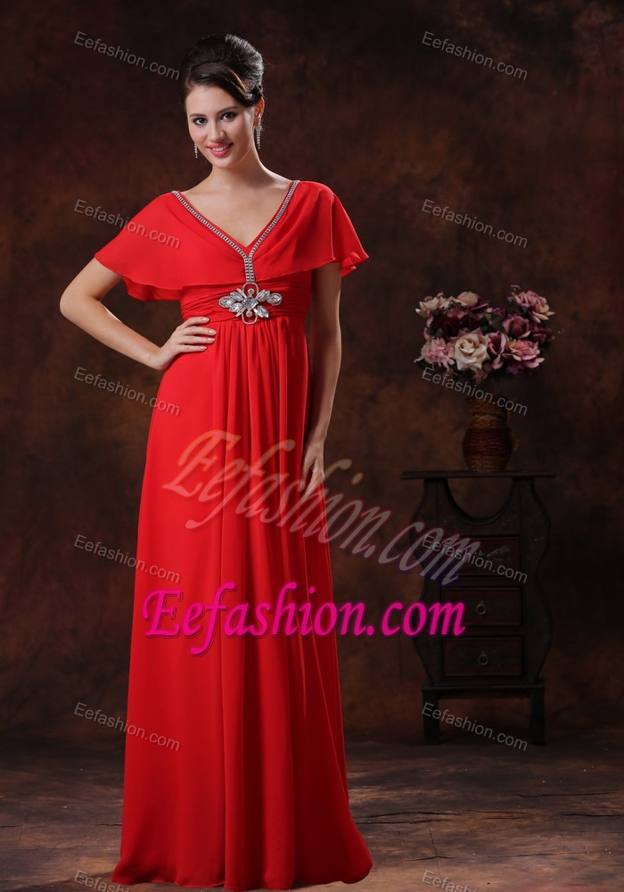 V-neck Design Chiffon 2013 New Arrival Red Military Dress with Short Sleeves