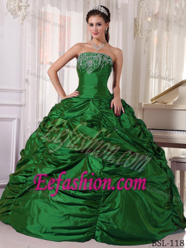 Green Ball Gown Strapless Quinceanera Dress with Embroidery on Sale