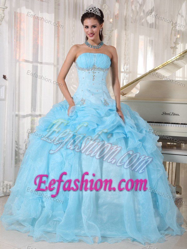 Blue Strapless Organza Quinceanera Dress with Beading and Ruching on Sale