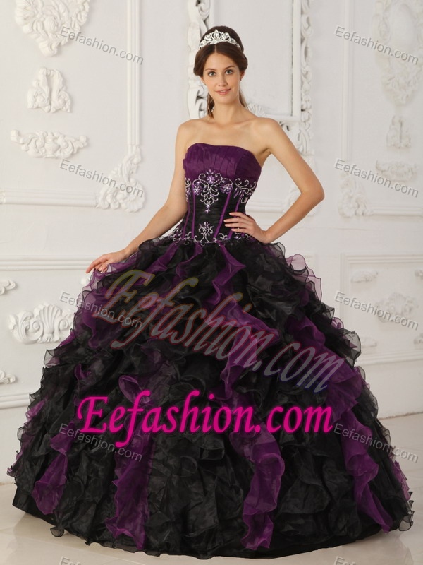 Purple and Black and Organza Beaded Quinceanera Dress on Promotion