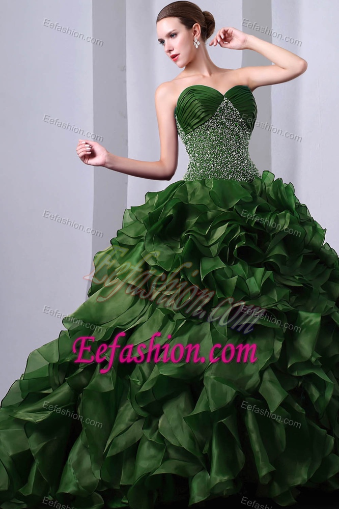 2013 Gorgeous Green A-line Ruffled Quinceaneras Dress with Brush Train