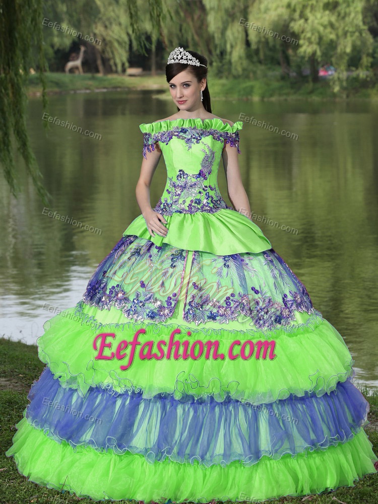 Impressive Off The Shoulder Appliqued Organza Multi-color Dress for Quince