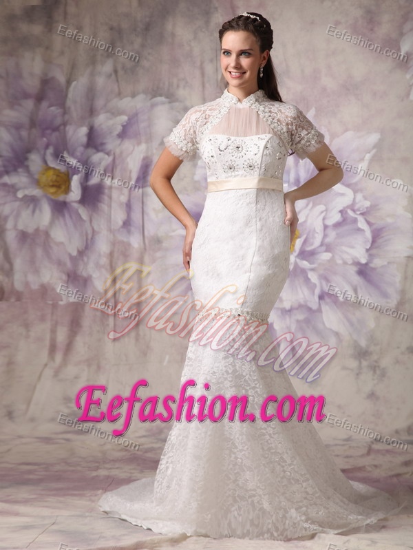 Cheap Mermaid High Neck Court Train Wedding Reception Dresses in Lace