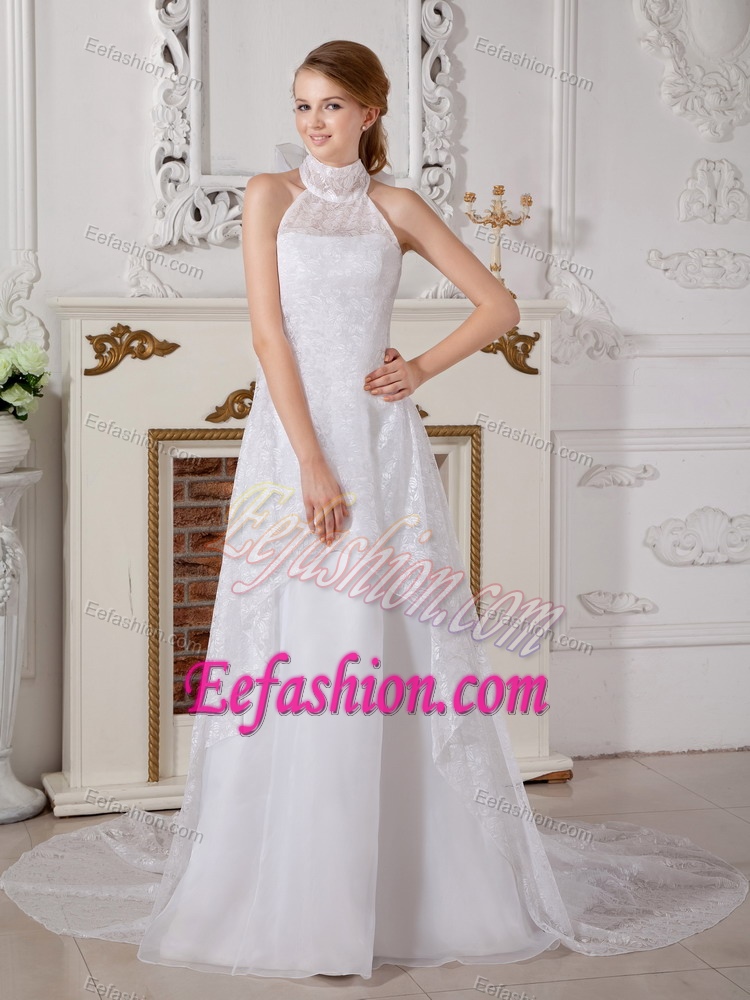 Lovely A-line High-neck Wedding Dress with Bowknot in Lace and Chiffon