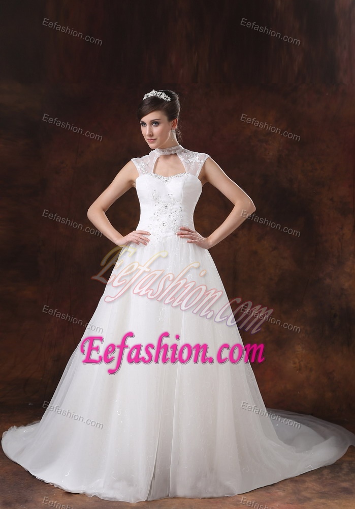 Beautiful High-neck Beading Wedding Party Dress with Chapel Train and Cutouts