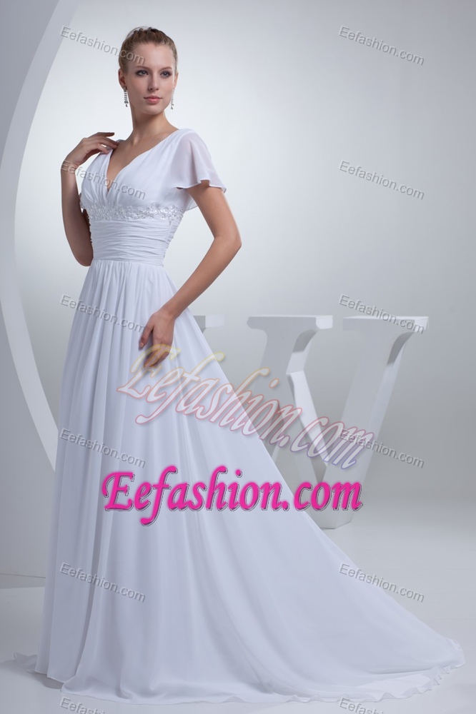 V-neck Short Sleeves Prom Wedding Dresses with Ruches and Beads