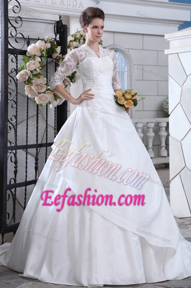 V-neck Half Sleeves Garden Wedding Dress with Appliques and Cutout on Back